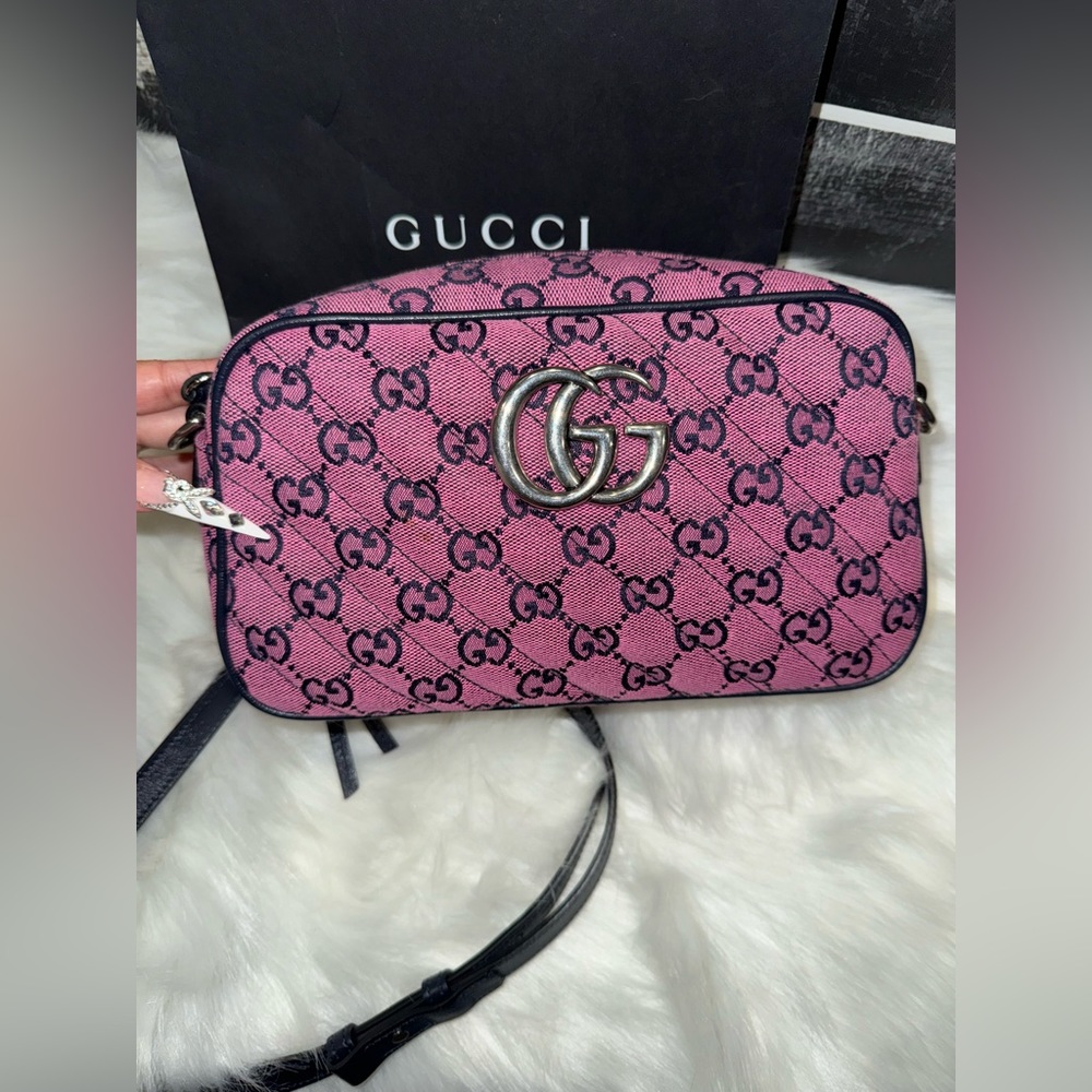 PRICE FIRM Gucci GG Marmont Diagonal Quilted Pink Fabric GG Canvas Shoulder Bag